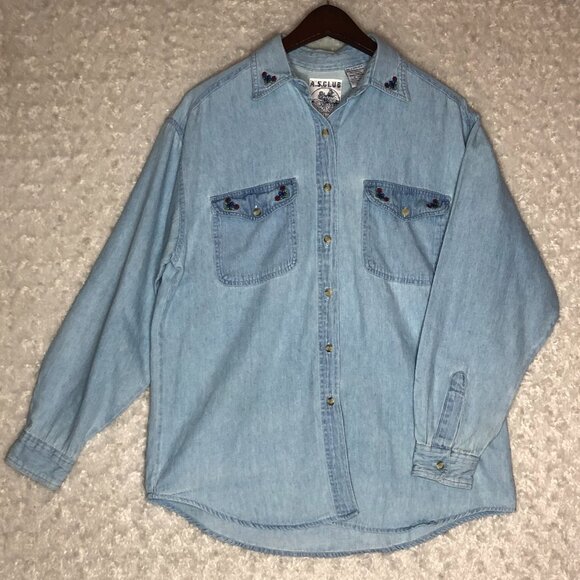 A.S. Club Blues Floral‎ Embroidered Demin Button Down Size Small - Picture 1 of 8